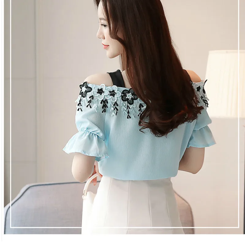 

2019 Summer New Women Short Sleeve Floral Appliques Chiffon Blouse Shirts Sexy Slash neck Casual Tops Shirts Blouses