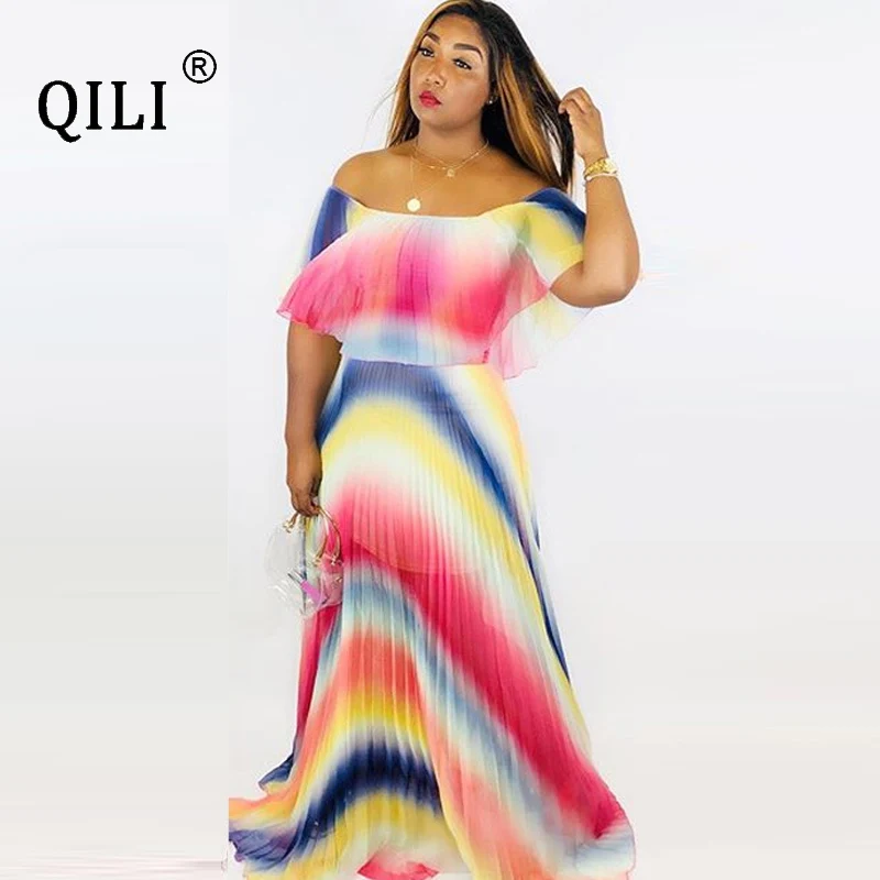 QILI 2019 Summer Pleated Chiffon Dress Loose Long Maxi Beach Dresses Rainbow Print Plus Size Off Shoulder For Womens | Женская одежда