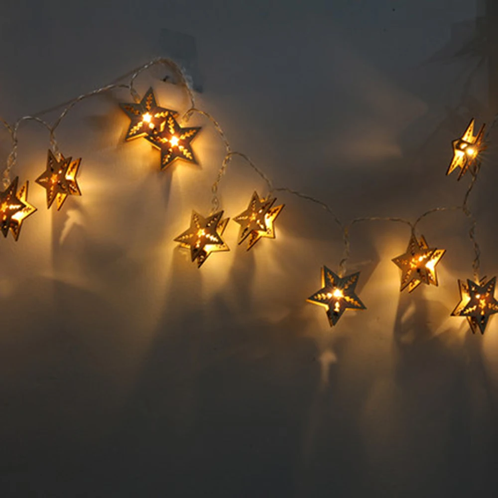 Wooden Holiday lights five-pointed star Led Light string 20-38Leds 5-10m EU Plug Garland Birthday Party christmas fairy decor DA | Лампы и