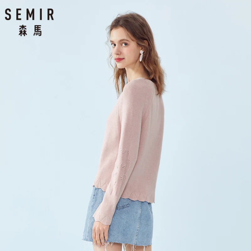 SEMIR Women Rib Knit Sweater with Ruffle Trim Women's Pullover Ruffle-Trimed Sleeve Ribbing at Crewneck for Spring | Женская одежда