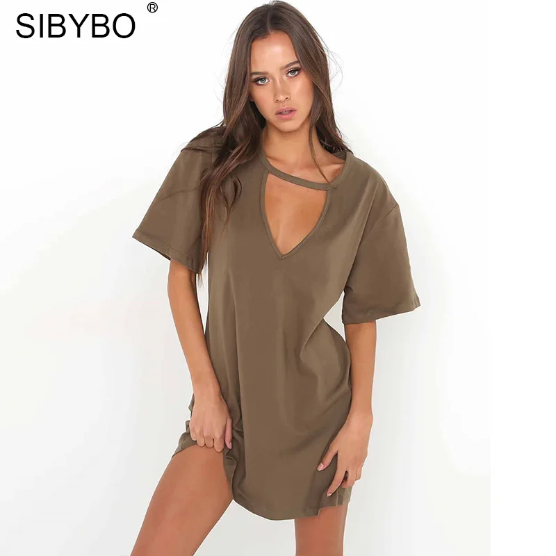 Армейский зеленый Sibybo, свободная хлопковая летняя футболка с v-образным вырезом, женская футболка с коротким рукавом, длинные женские топы, сексуальные повседневные футболки для женщин - Цвет: Армейский зеленый