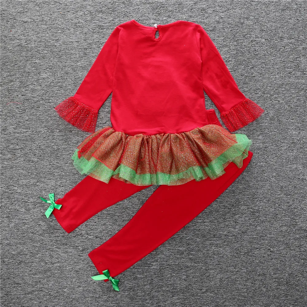 Christmas Dress Set For Girls Long Sleeve Princess Ruffle Dresses + Pants Cute Outfit Kids Clothes Costumes | Детская одежда и