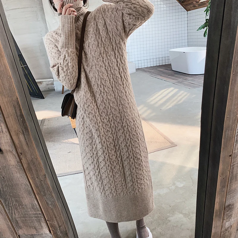 CamKemsey, толстый теплый зимний свитер, платье для женщин, макси Vestidos,, осенняя мода, скрученная водолазка, вязанные длинные платья