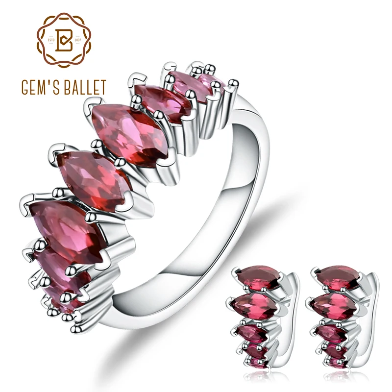 GEM'S BALLET Fashion Women Natural Rhodolite Garnet Earrings Ring Set 925 Sterling Silver Gemstone Jewelry Gift Fine | Украшения и
