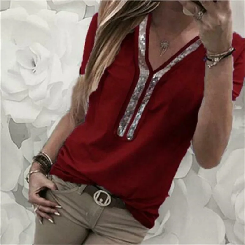 Модная женская блузка с v образным вырезом расшитая блестками коротким рукавом