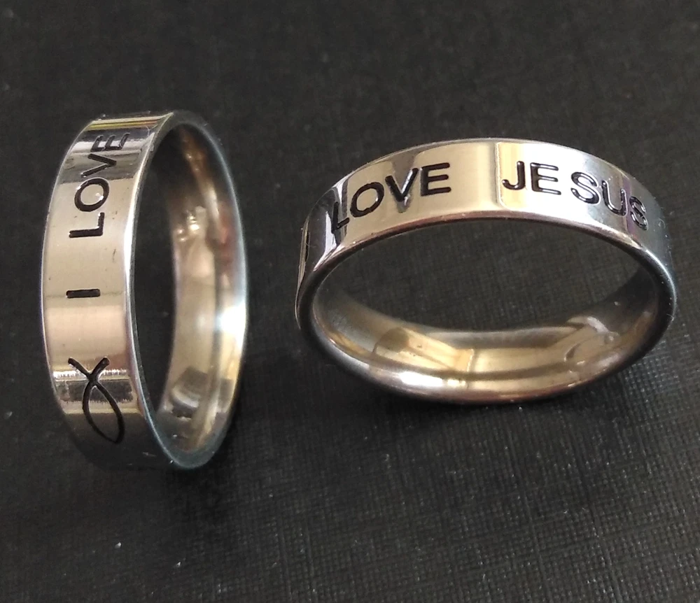 50PCS Etched oil filled Silver 6mm I love Jesus Fish 316L Stainless Steel Finger Rings Christian Ring Cross Unique Jewelry | Украшения и