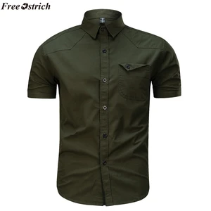 Бесплатная Страусиная мужская повседневная хлопковая рубашка в стиле милитари, рубашка с коротким рукавом и отворотом, модная одежда, Комфортный топ большого размера