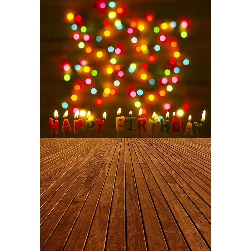 

Happy Birthday Photography Brown Wooden Floor Decor Lights Backdrops Baby Shower Photophone Background for Photo Vinyl Cloth 3D
