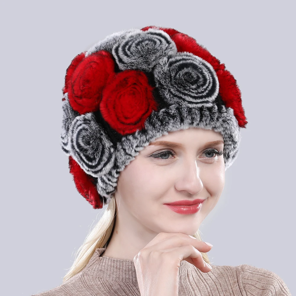 Русские женщины цветочный Настоящий мех кролика шапка зимняя теплая для девочек