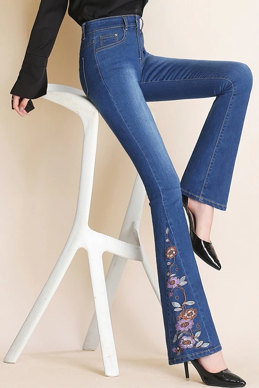 Embroidered micro-horn jeans women spring and autumn new high waist slim embroidered flared pants wide leg trousers |