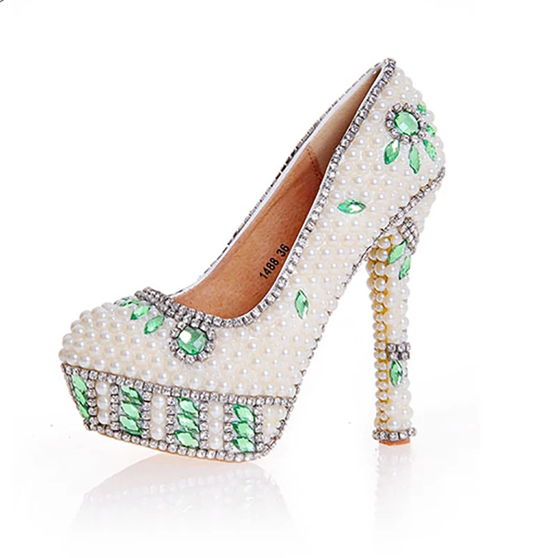 

Wedding Shoes Beige Pearl Green Crystal Decor Pumps Women Shoes High Heels Platform Round Toe Sexy Bridal Rhinestone Party Shoes