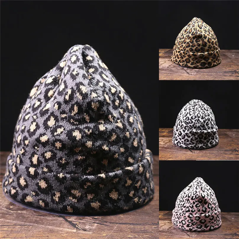 Новая зимняя женская теплая вязаная шапка с рукавами и леопардовым принтом плюс