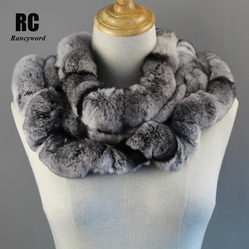 

[Rancyword] Women Scarf Winter Luxury Knitted Female Real Rex Rabbit Fur Scarf Collar Warm Neck Color Pompoms 2020 Brand RC1399