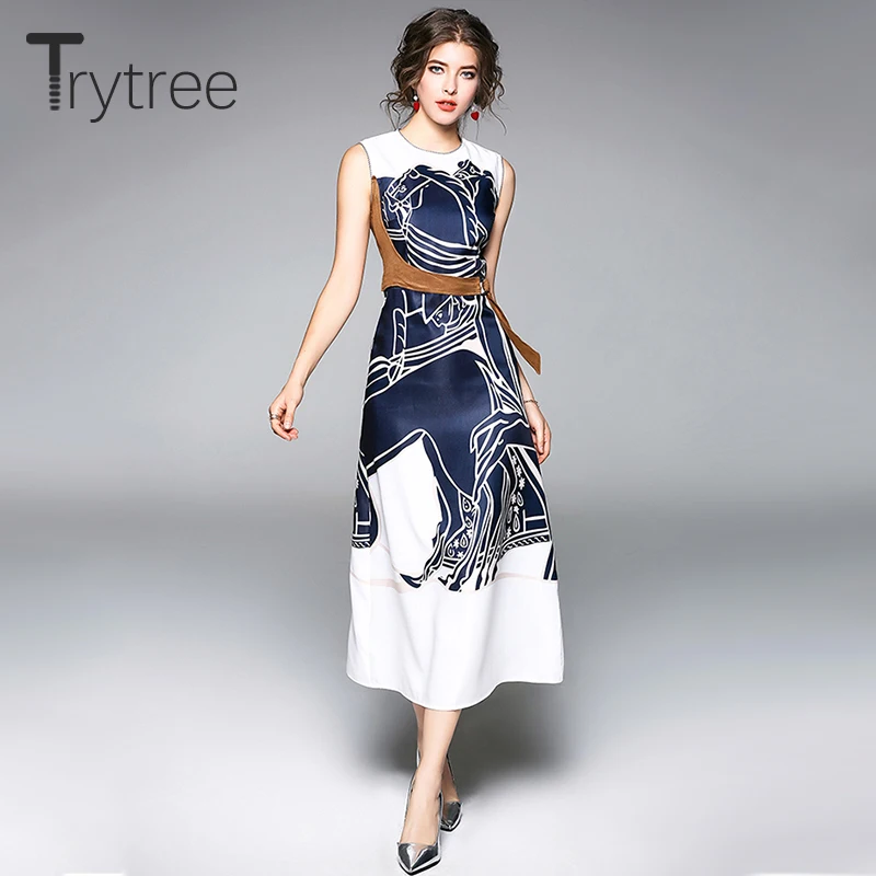 Женское летнее платье трапеция из полиэстера с круглым вырезом и принтом|Женские