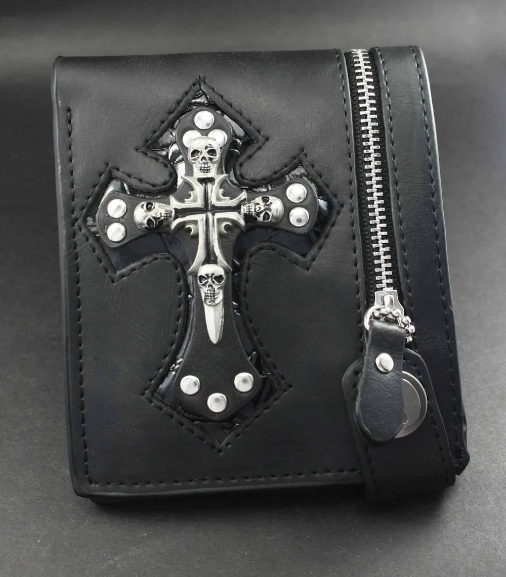 Новый мужской кожаный бумажник в ковбойском стиле с черепами и крестом|leather