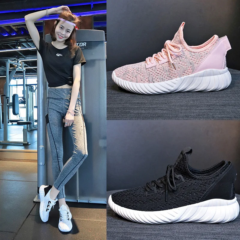 

2019 Spring new breathable sports female Korean version of the White Shoe Girls INS fly weaving running student board shoes