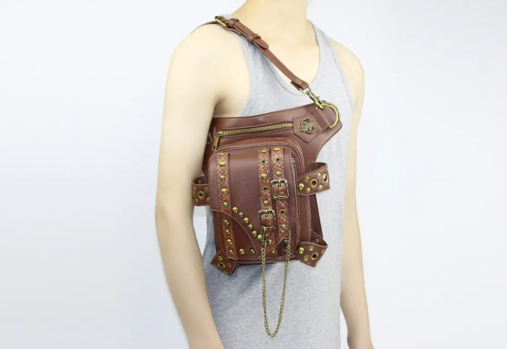 Gear Duke Steampunk Waist Pack Bag Retro Rock Gothic brown Fanny Bag Pack Shoulder Bag Vintage Men Women Leather Leg Bag
