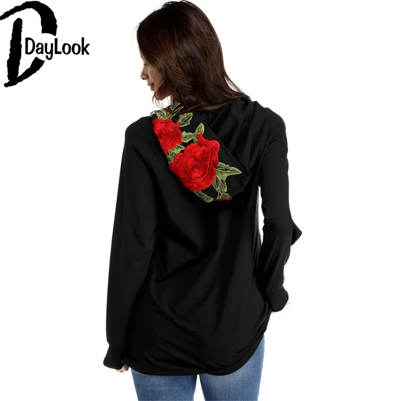 Daylook Chic осень модные женские туфли кофты с длинным рукавом капюшоном черный Blusa Свободные Роза Вышивка