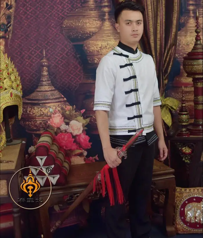 Китайская традиционная мужская одежда YunNan Dai белая и черная для фестиваля с