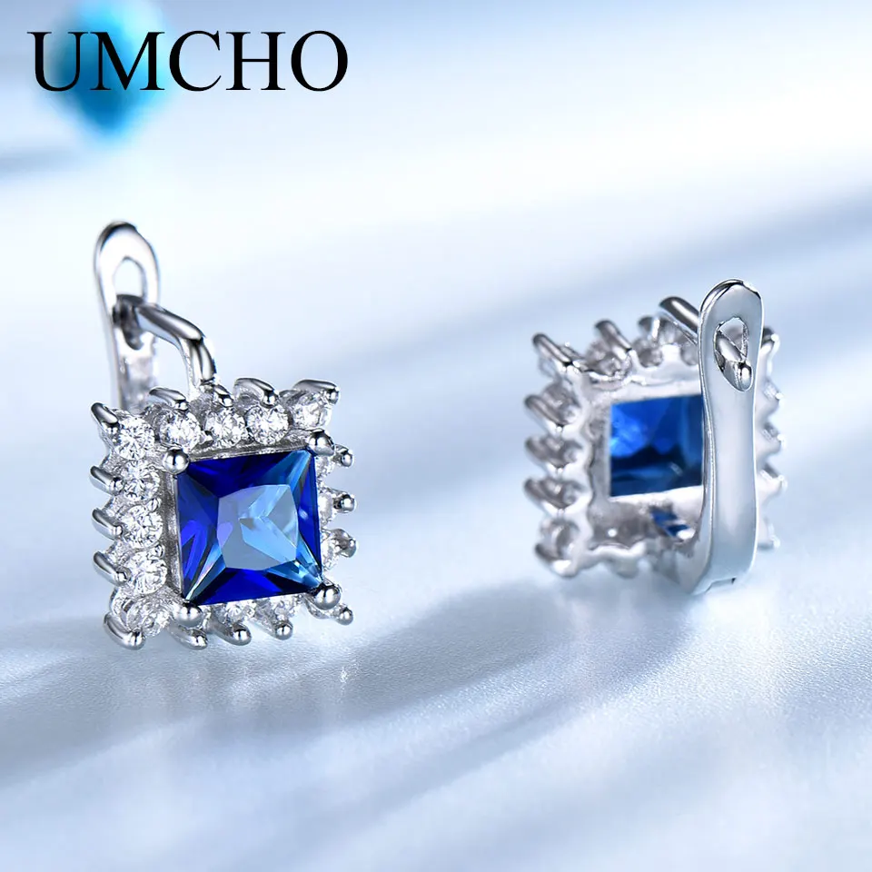 UMCHO Real 925 Sterling Silver Jewelry Square Rich Color Nano Sapphire Clip Earrings For Women Gemstone Luxury Bride Gifts New | Украшения