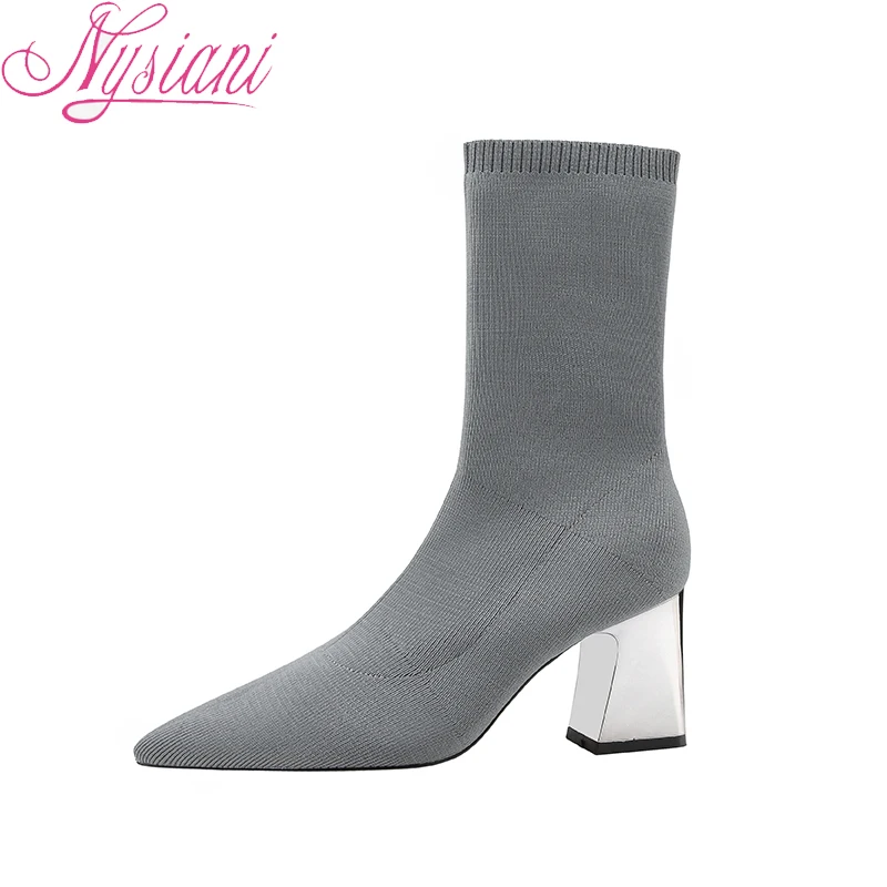 2018 г. женские сапоги до середины икры на высоком каблуке вязаные эластичные