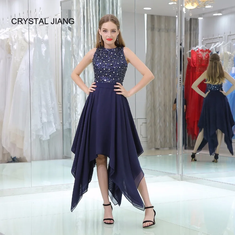 Темно синее коктейльное платье CRYSTAL JIANG 2018 сделанное на заказ Ассиметричное без