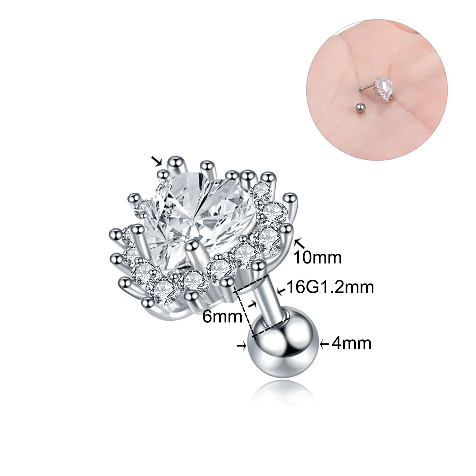 K0406 1.2x6x4mm 1Pc New Arrival Surgical Steel Tragus Earrings Cartilage Piercing Oreja Ear Stud Helix Moon Heart Earrings Piercing Sexy Jewelry - Окраска металла: K0406 1.2x6x4mm