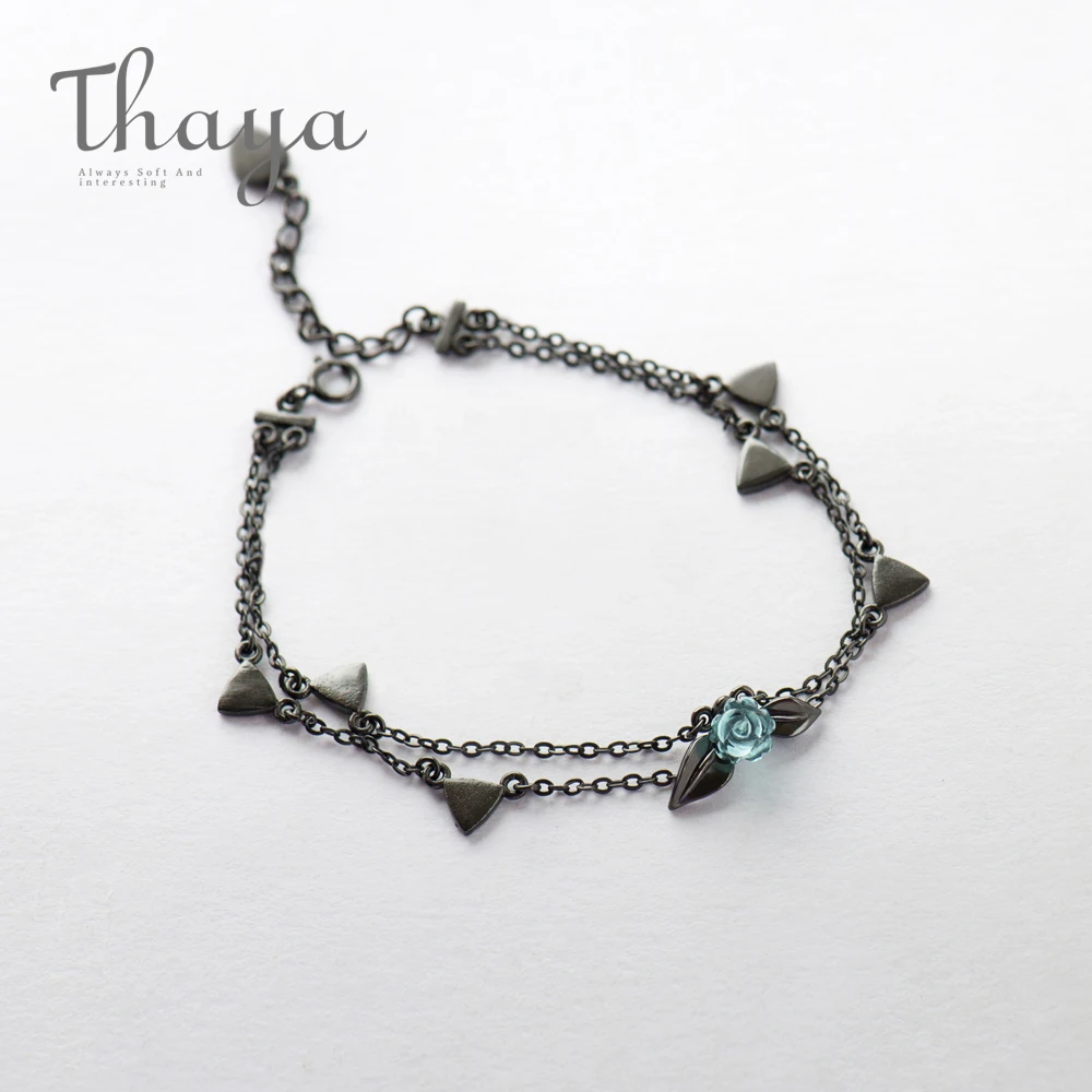 

Thaya 100% 925 Silver Thorns Rose Bracelet Two Layer Crystal Flower Black Chain Link Bracelet for Women Jewelry Korea style Gift