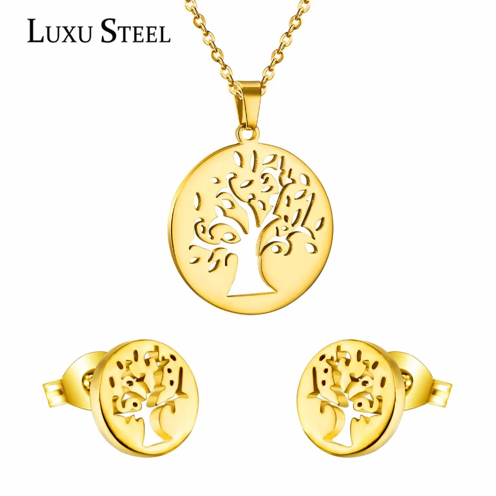 LUXUSTEEL ожерелье серьги наборы для вечеринки нержавеющая сталь дерево кулон