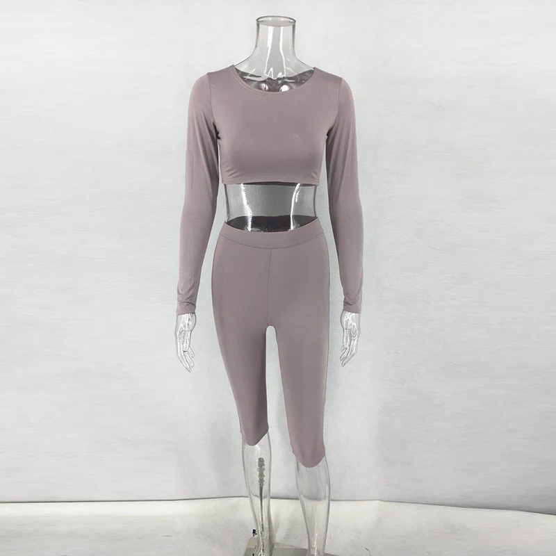 Women Casual Two Piece Set Sexy Bodycon High Waist Crop Top Stretch 2 Suits Lady O-neck Long Sleeve Body Two-Piece Outfits | Женская
