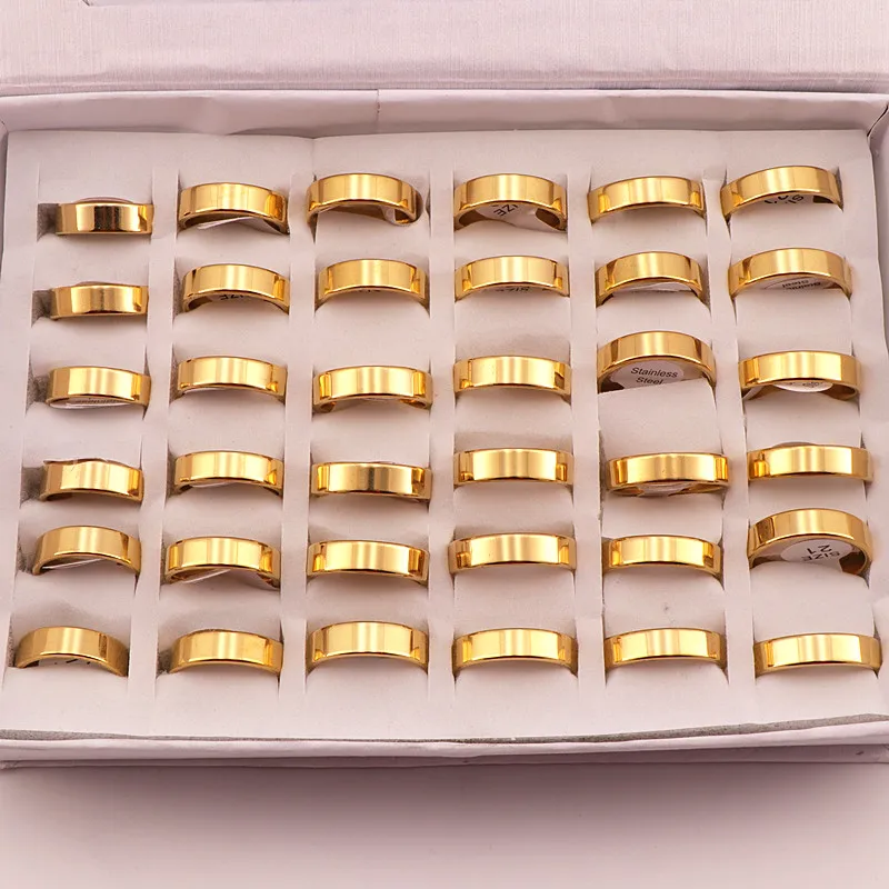 Gold 6mm 50 шт. классический ремешок для часов из нержавеющей стали кольца мужские и женские свадебные кольца три цвета зеркальная полированная внутри - Цвет основного камня: Gold 6mm
