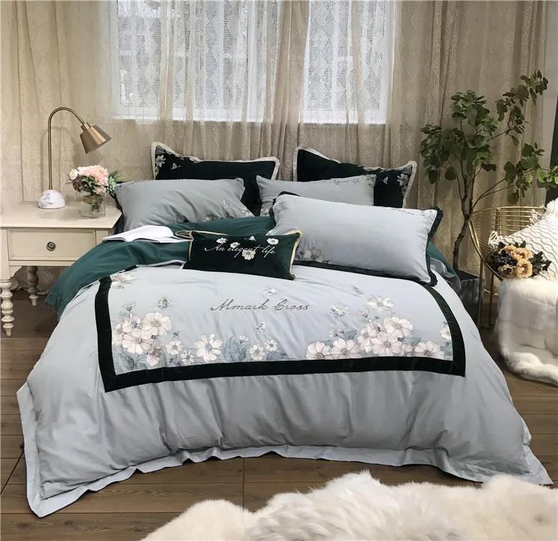 Luxury American Style 80S Egyptian Cotton Pastoral Floral Embroidery Blue Bedding set Duvet Cover Bed sheet/Linen Pillowcases | Дом и сад
