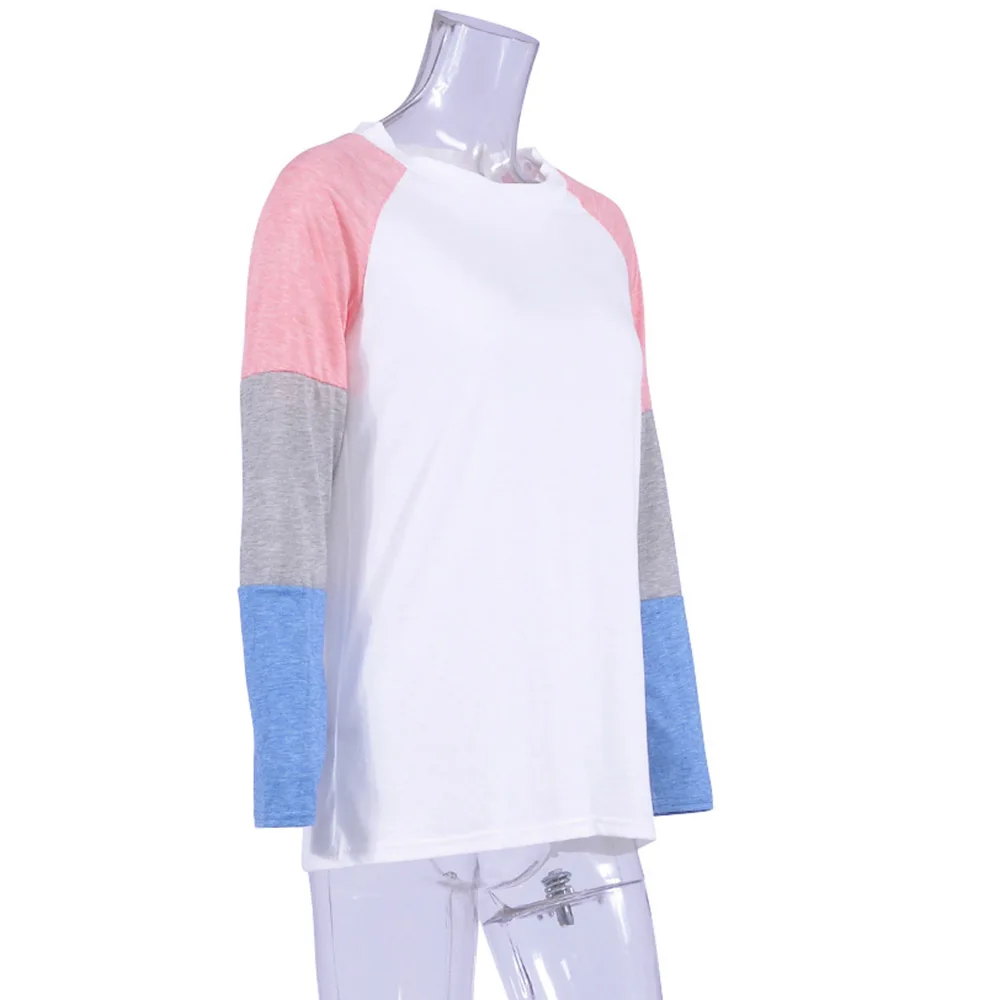 Новые женские осенние футболки с круглым вырезом пэчворк длинный рукав