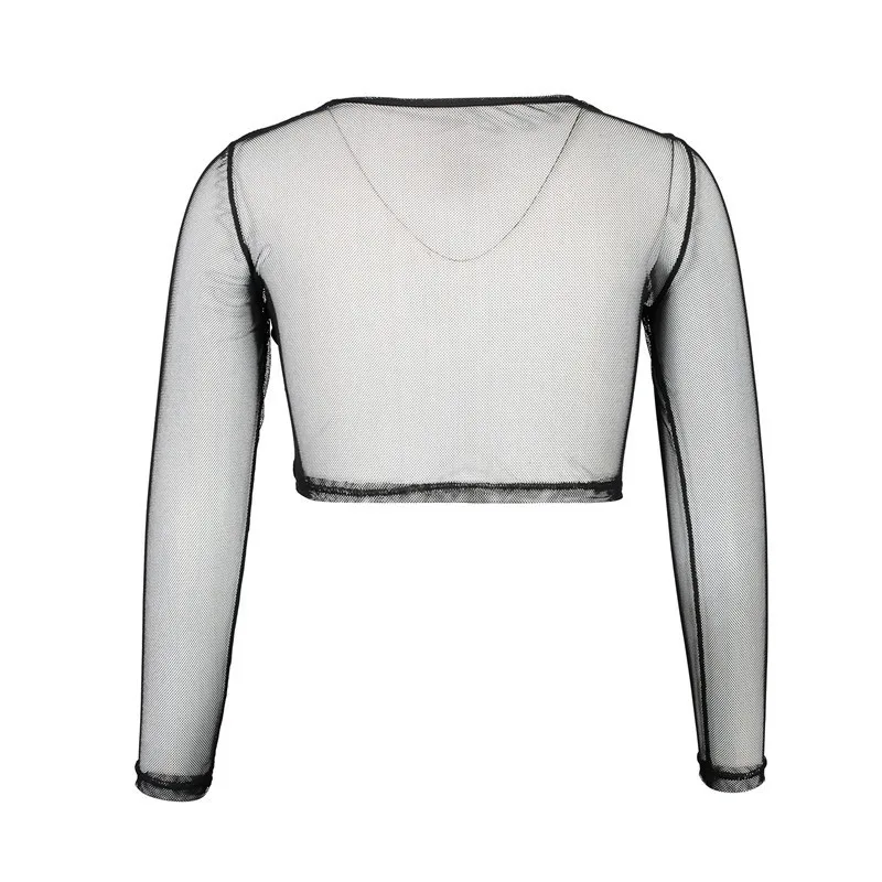 

Sexy Women Floral Embroidery Short Shirt Mesh Thin Full Sleeve O Neck Casual Shirt