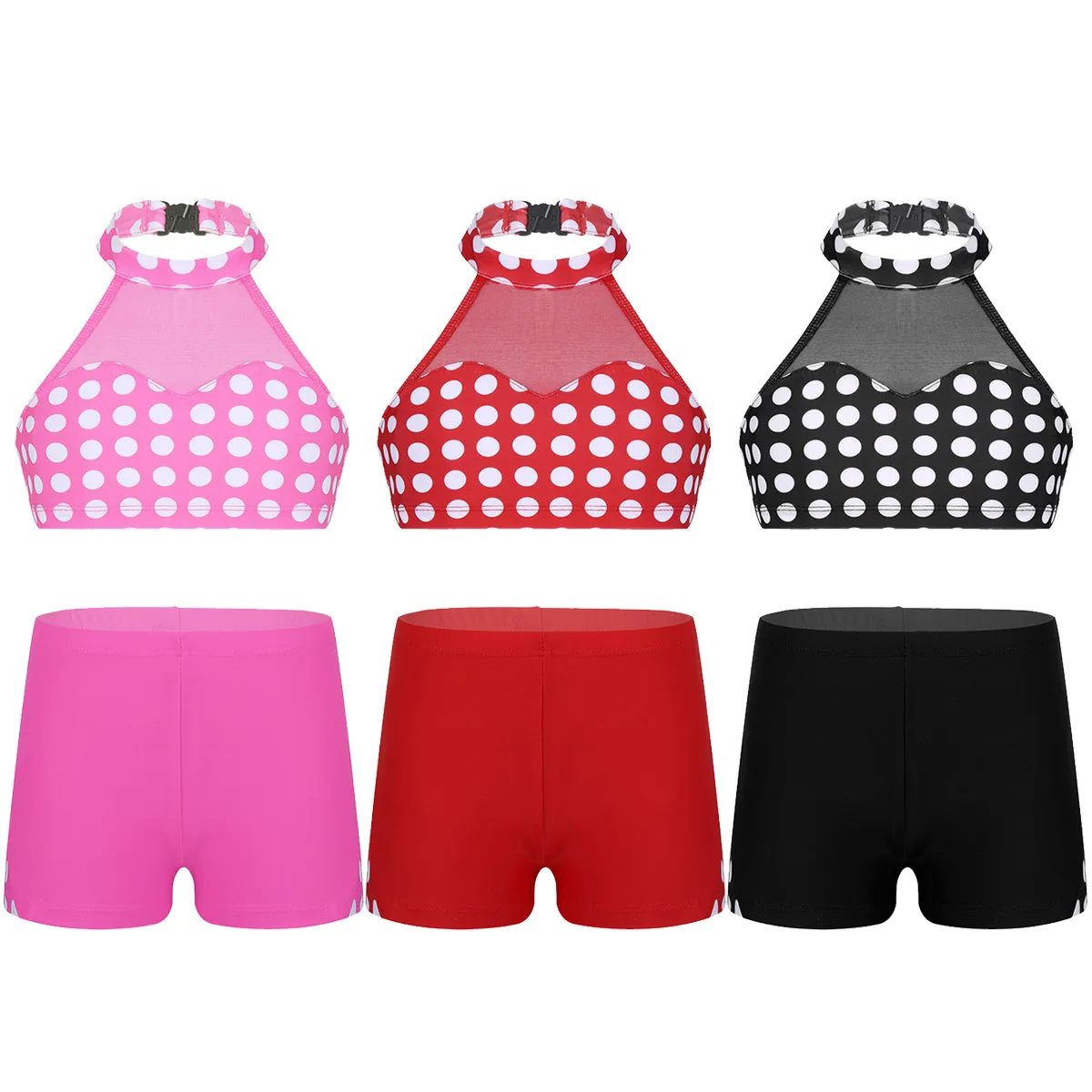 ChicTry Kids Teens Polka Dots Mesh Splice Halter Ballet Gymnastics Shorts with Crop Top Sports Set Children Girls Dance Costumes |