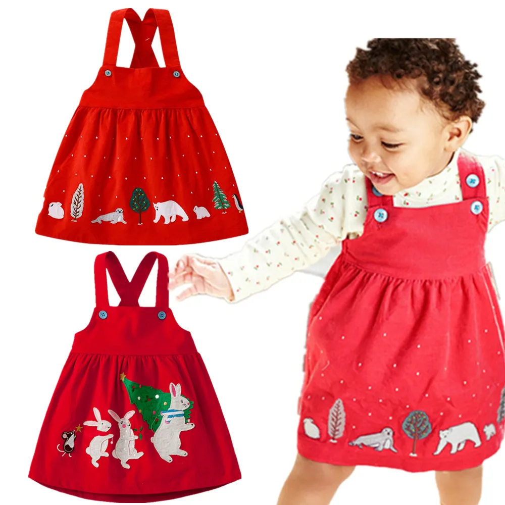 Little maven children brand 2019 Christman X'mas baby girls Corduroy Rabbit penguin New year Party red vest dress dresses | Детская