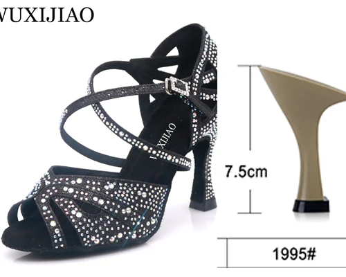 Black heel 7.5cm WUXIJIAO/Популярные черно-белые женские туфли для латинских танцев из блестящей ткани; туфли для бальных танцев; вечерние туфли для танцев на квадратном каблуке 7,5 см - Цвет: Black heel 7.5cm