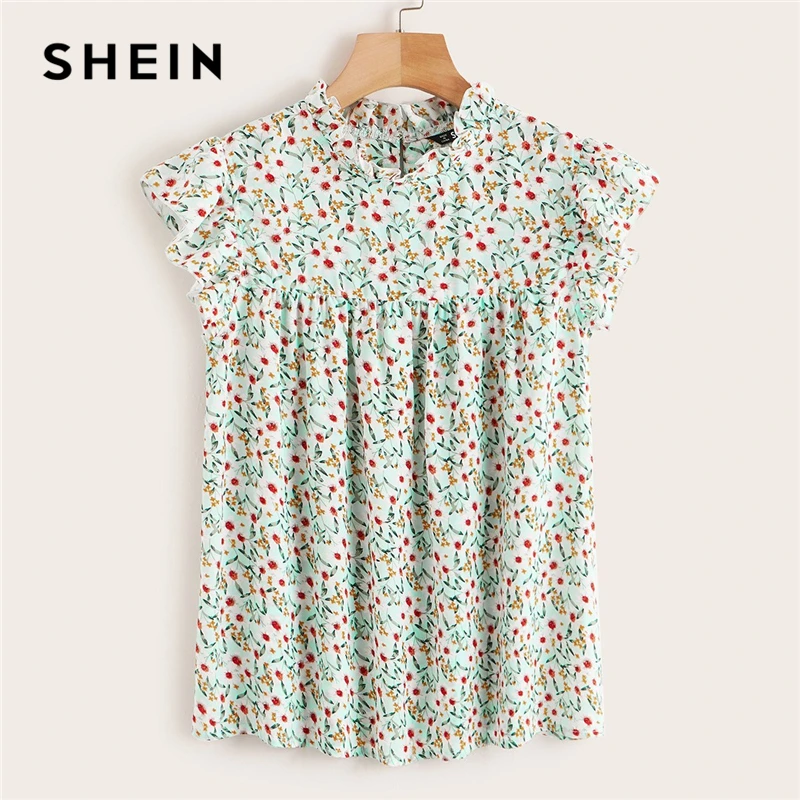 SHEIN модный топ с цветочным принтом и рюшами на пуговицах сзади, Летняя женская одежда, блузки без рукавов со стоячим воротником