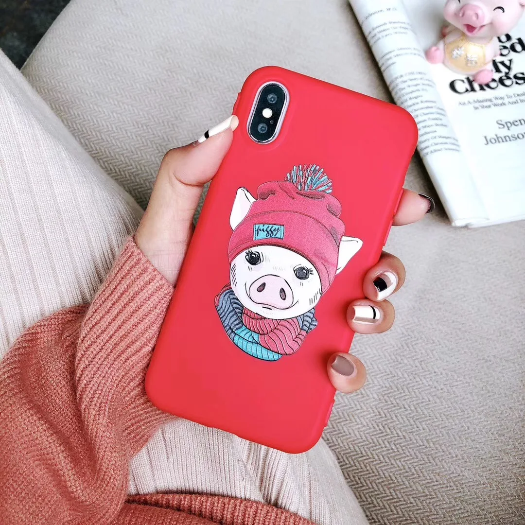 Модный красный чехол для iphone X 7 7plus милый мультяшный поросенок матовый мягкий