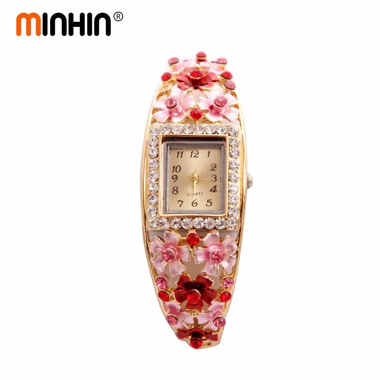 Часы MINHIN Brilliant, 5 цветов, браслет для женщин, золотой цвет, Хрустальный цветок, дизайн, Браслет-манжета, кварцевые часы, повседневные наручные часы