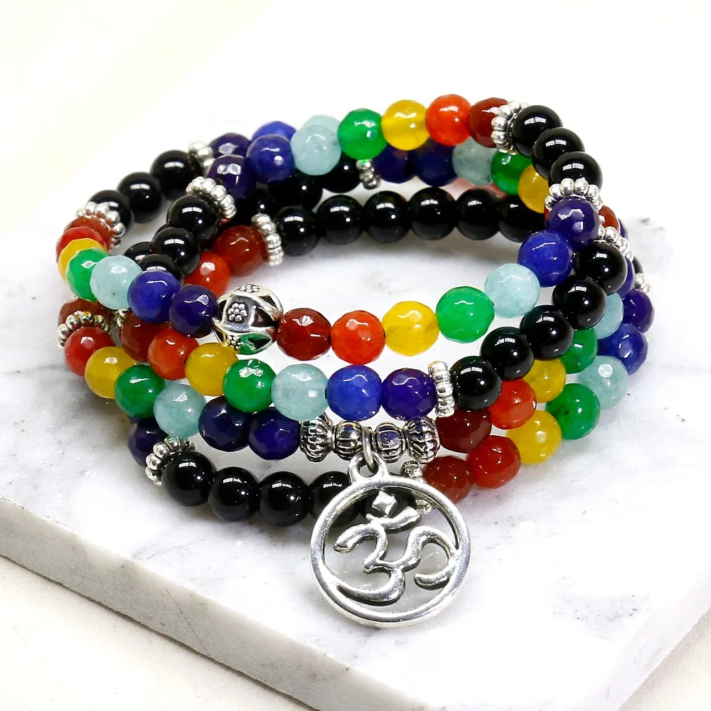 Женский браслет с натуральным камнем Mala Chakra черный оникс 7 чакр Йога медитация