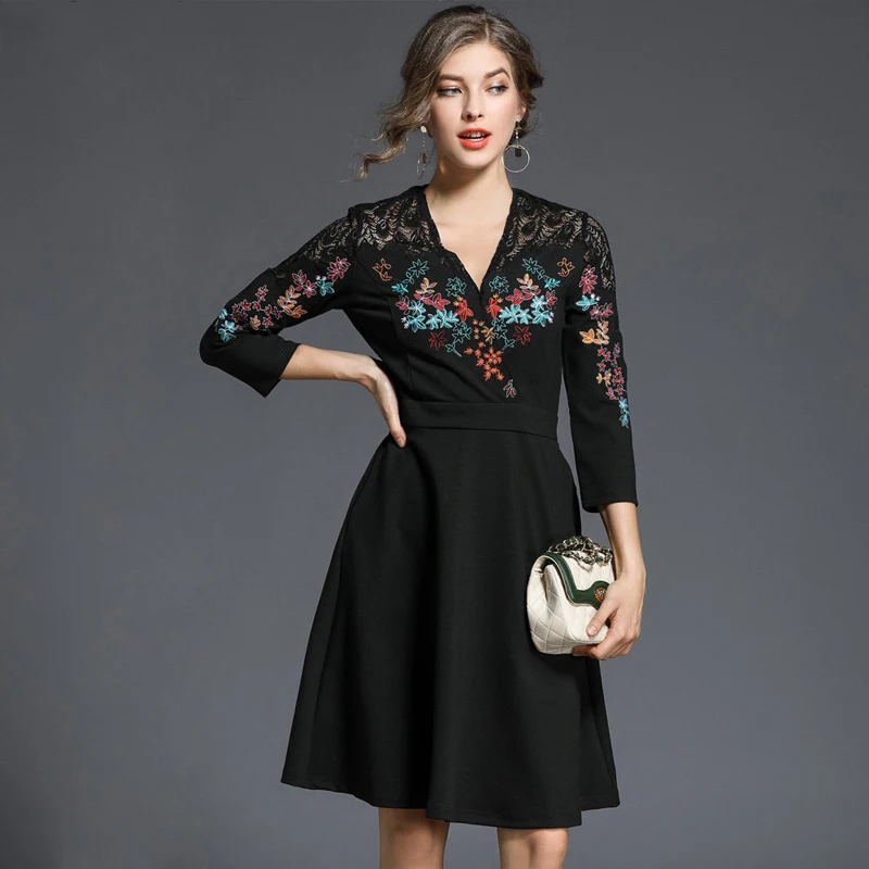 ZOSOL Spring New Women Embroidered Lace Party Dresses Vestidos High-End V-neck stitching Female Slim Vintage Black Dress 20 | Женская
