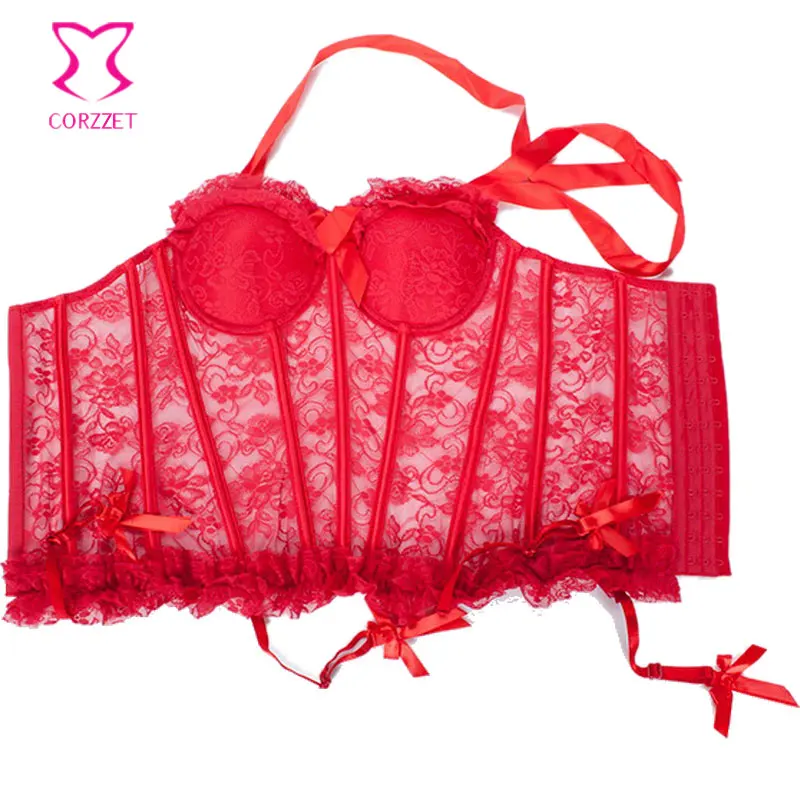Corzzet Red Lace Halter Sexy Lingerie Bustiers Overbust Corset With G-String Babydoll Transparent Shaperwear Slimming | Женская одежда