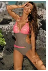 Pocket Girl купальники больших размеров купальник женский swimwear монокини купальник с высоким воротом женский монокини с вырезом Глубокий v-образный вырез купальник черный трикини пляжный купальный костюм с пуш-ап - Цвет: Розовый