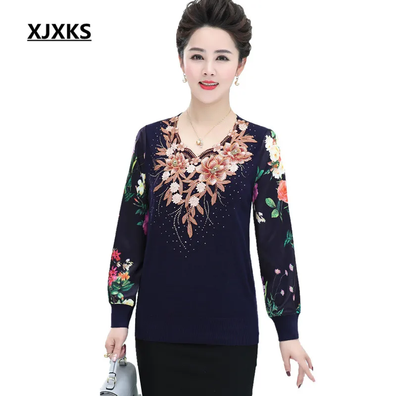 XJXKS Lifelike Sweater Flowers Appliques Women Pullovers Sweaters Plus Size Beading Decoration Casual Soft Oversized | Женская одежда