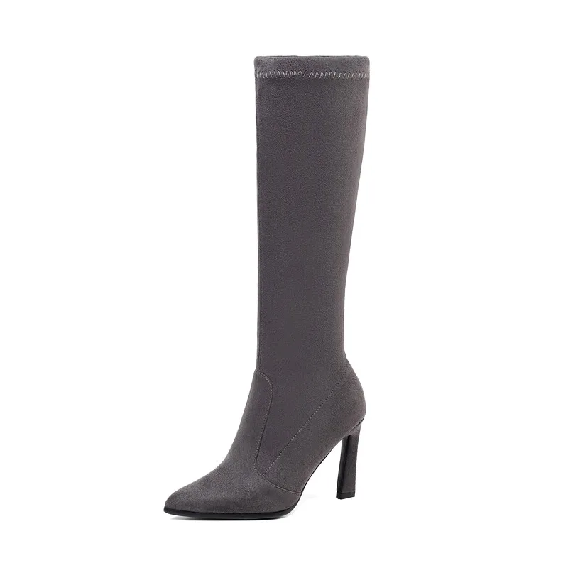 dark gray MoonMeek/Большие размеры 34-43; модные эластичные сапоги; женские сапоги до середины икры без застежки с острым носком; женские сапоги на высоком каблуке; сезон осень-зима - Цвет: dark gray
