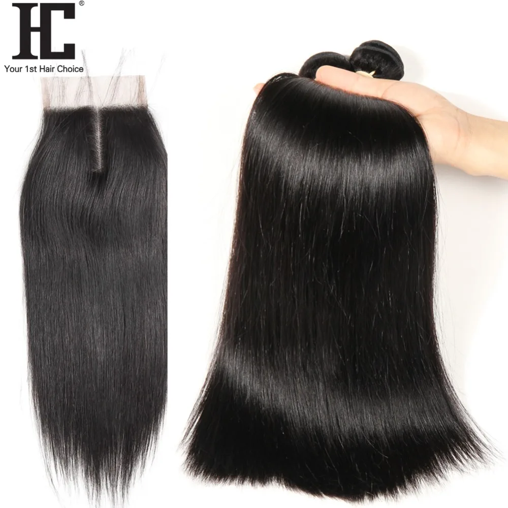 HC Malaysian Straight Hair Weave Bundles With Closure Natural Color Remy Human Hair 4 Bundles With Lace Closure Can Be Dyed 5Pcs