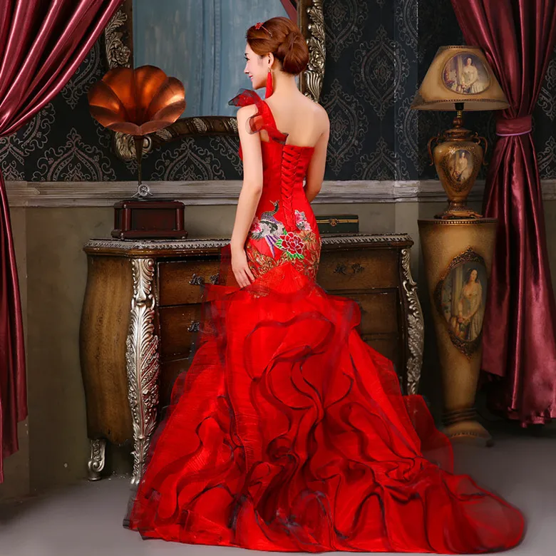 

Evening Dresses 2019 Modern Sexy Party Dress Long Cheongsam Chinese Traditional Wedding Qipao Red Mermaid Trailing Robe Oriental