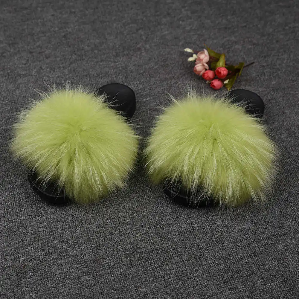 Raccoon Lime Green Женские шлепанцы с натуральным мехом енота; модные стильные шлепанцы; сезон весна-осень-зима; Домашние вьетнамки на плоской подошве; S6020A - Цвет: Raccoon Lime Green