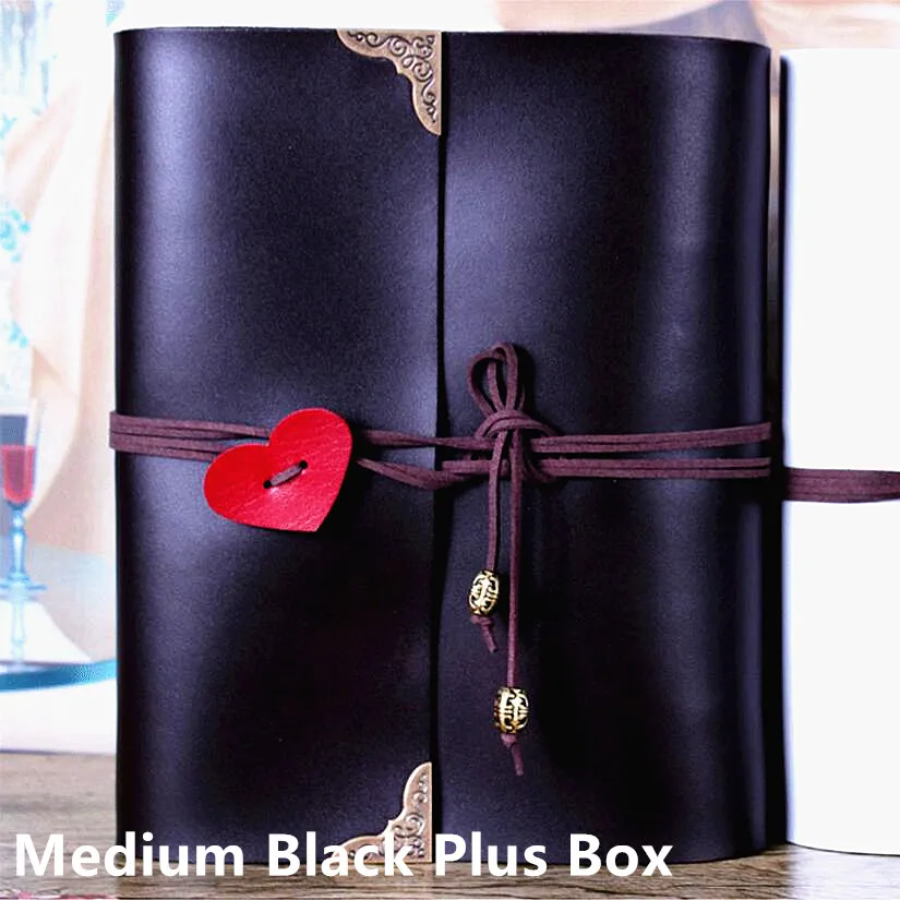 Medium Black Box 5/10/12 дюймов Винтаж ПУ Обложка фотоальбомы «любящее сердце» веревка Комплект путешествия DIY Детские подарки на день рождения маленьких книга памяти черными страницами - Цвет: Medium Black Box